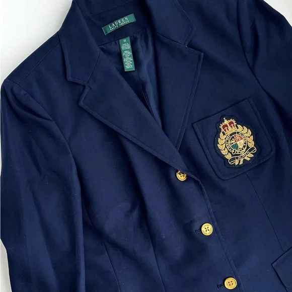 VTG LRL Ralph Lauren Womens Blazer Navy Crest & Crown Cotton Jacket Sz 12 Y2K - Picture 4 of 12